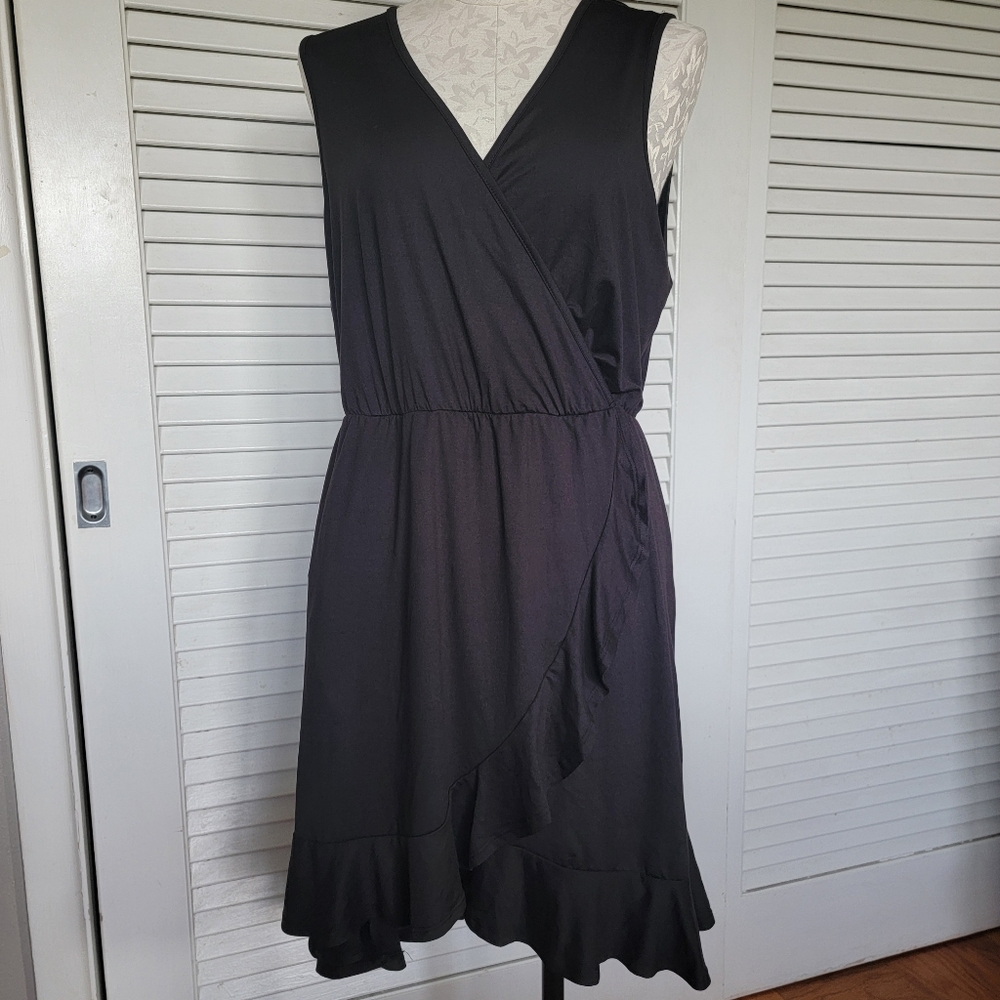 Faux Wrap Sleeveless Black T shirt Dress XL